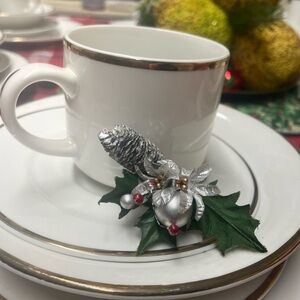 Elegant White dinner set with Teacup, plate, bowl with Silver Accents (
